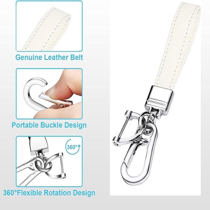 QBUC Genuine Leather Car Keychain,Universal Heavy Duty Metal Key Chain Accessories,Car Fob Key Keychain Holder with 360 Degree Rotatable Snap Swivel and Anti-Lost D-Ring for Men Women(White)