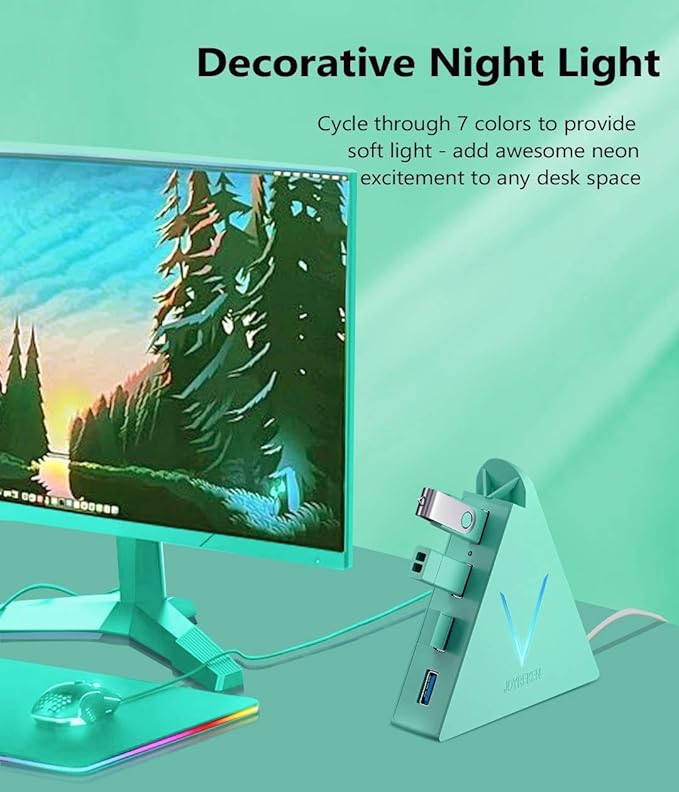 USB 3.0 Hub,4 Port USB Hub Tower,2ft Cable USB Splitter for PC, Xbox One, PS4, PS5, iMac, Surface Pro, XPS, Laptop, Desktop, Flash Drive, Mobile HDD (Green)