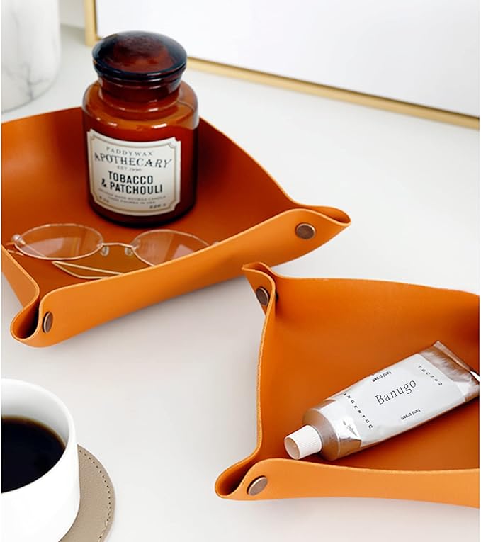 Foldable Leather Catchall Tray, Jewelry Organizer for Travel, Nightstand, Home or Office (Orange-S)