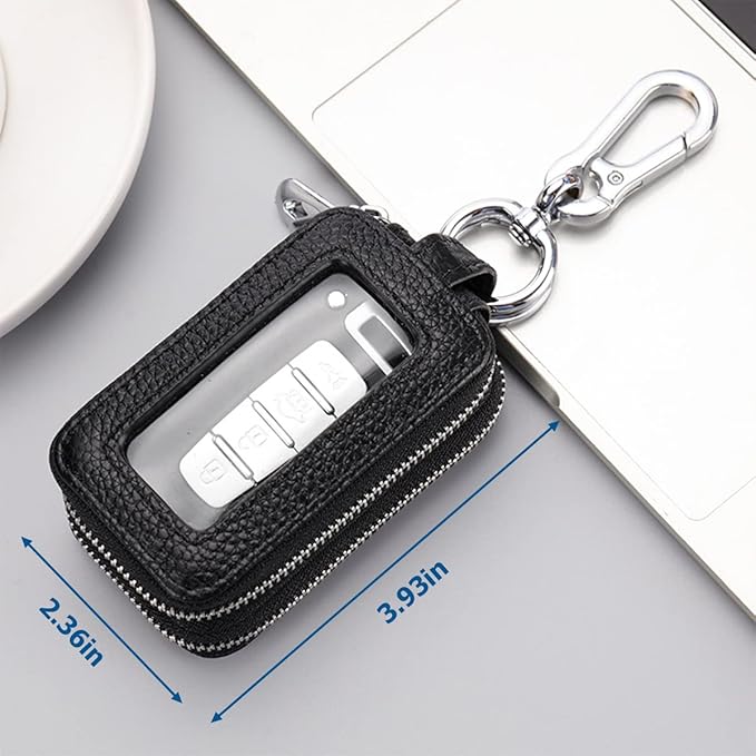 BELOMI Car Key Fob Case, Genuine Leather Remote Keychain Bag with Lanyard and Zipper Closure, Key Protection Cover for Men Women (Black)