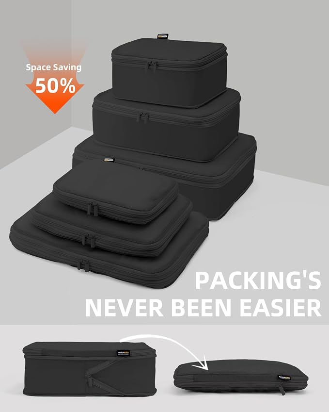 Compression Packing Cubes for Travel, 6-Piece Set (Large/Medium/Small), Double-Zip Luggage Organizers for Suitcase & Carry-On, Clothes Storage Bags (Pure Black, 6 Pack)