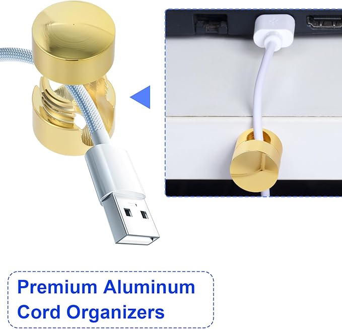 10 Sets Charger Holders for Cords, Gold Color Adjustable Cable Anchor Holders, Adhesive Metal Cord Clips, Cable Management Wire Organizers for Desk, Office, Nightstand