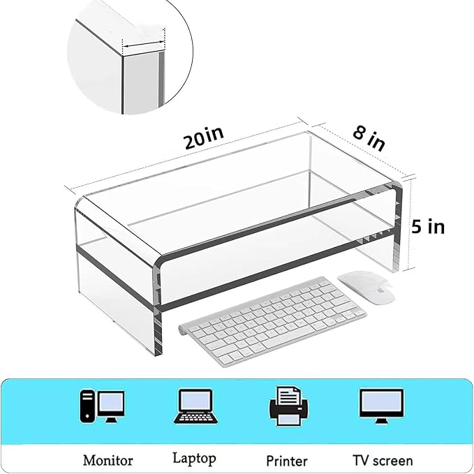 Acrylic Monitor Stand, 2 Tier Riser with Storage Shelf, Clear, 16/20 Inch, Home Office Desk Organizer (20in)