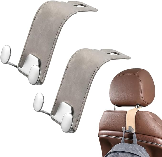 Car Purse Hook, Leather Headrest Hooks for Car, Heavy Duty Car Hooks, Universal Purse Holder for Car Seat, Vehicle Organizer Hanger for Handbag Grocery Bag Backpack Coat (Grey-2sets)
