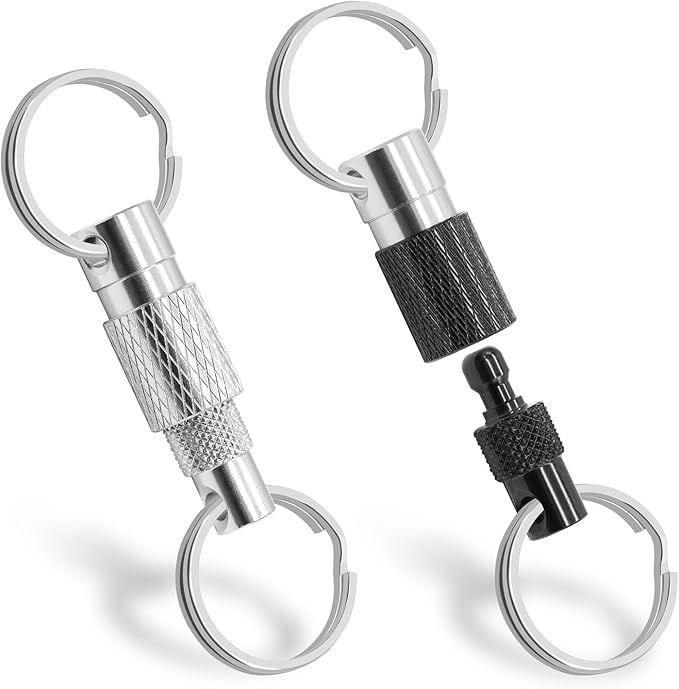 Quick Release Keychain for Men 2 Pack Detachable Key Ring with Secure Lock 360° Swivel,Pull Apart Keychain Includes 2 Split Rings,Aluminum Alloy Car Key Holder for Purse,Bag,Belt Loop (Black,Silver)