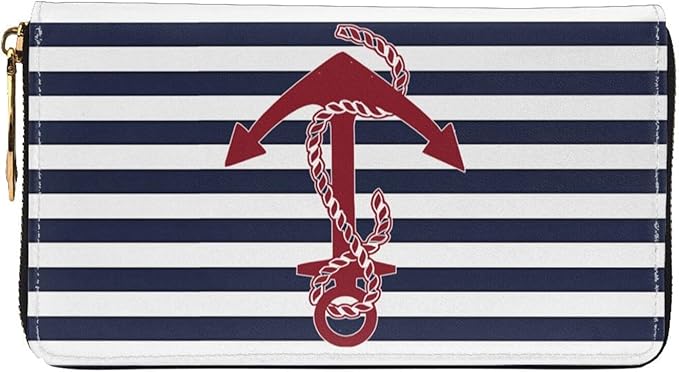 Nautical Anchor Print Leather Wallet Phone Credit Card Money Holder with Many Rooms Zipper Purse for Women Men