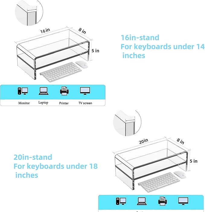Acrylic Monitor Stand - 16/20 inch 2 Tier Riser for iMac, PC, Desktop, Laptop, TV with Storage Shelf, Home Office Desk Organizer