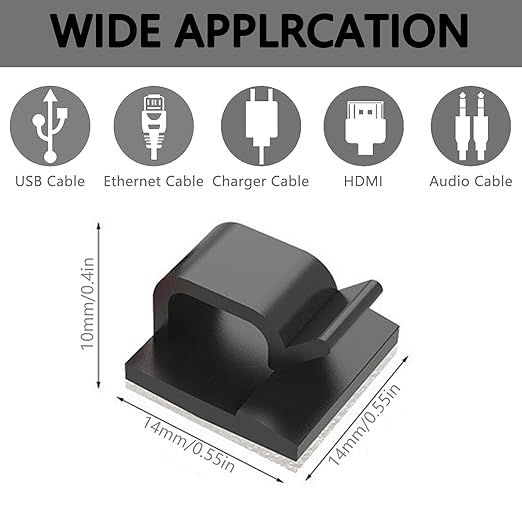 60 Pcs Cable Clips Black, R-Type Adhesive Cable Clips Self-Adhesive, Cable Management Clips for Cord Holders for Cables, Wire Clips for Wall, Wire Organizer Clips for Car & Office, Self Adhesive Hooks