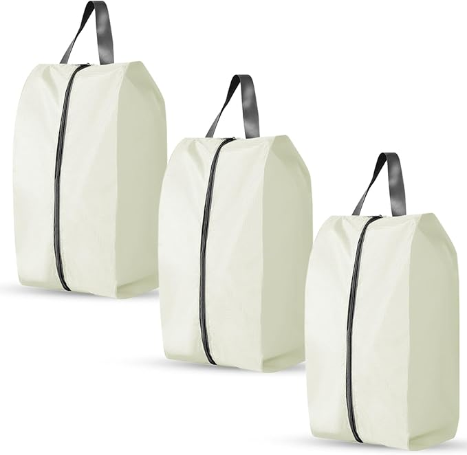 3 Pack Folding Shoe Bags for Travel with Zipper Closure, Waterproof Shoe Storage Bag with Handle, Washable Shoe Organizers Packing Cubes for Gym Women Men (Cream)