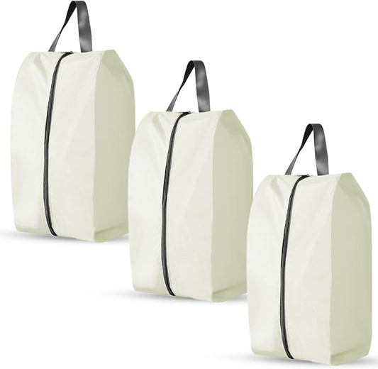 3 Pack Folding Shoe Bags for Travel with Zipper Closure, Waterproof Shoe Storage Bag with Handle, Washable Shoe Organizers Packing Cubes for Gym Women Men (Cream)
