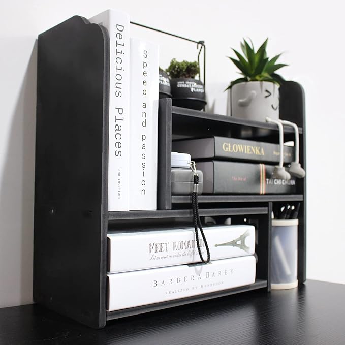 YGYQZ Adjustable PVC Desktop Organizer Storage Rack - Black Desk Shelf for Office, Women, Dormitory & Home Decor