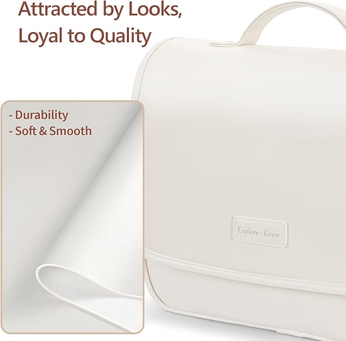 PACKISM Hanging Travel Toiletry Bag - Organizer for Women, Large Off White | Wide Open Access, Hanging Hook, Detachable Pouch, Large Compartments, Waterproof Surface, Cruise Bathroom Travel Storage