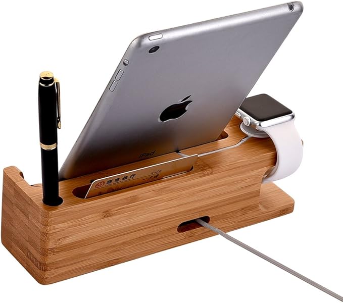MOOZO Bamboo Wood Desktop Charging Dock Station Charger Holder Cradle Stand Compatible iPhone 16 15 14 13 12 11 Pro Max Apple Watch 2 3 4 / iWatch Samsung Galaxy S8 S7 S6 Edge Plus LG HTC Smartphones