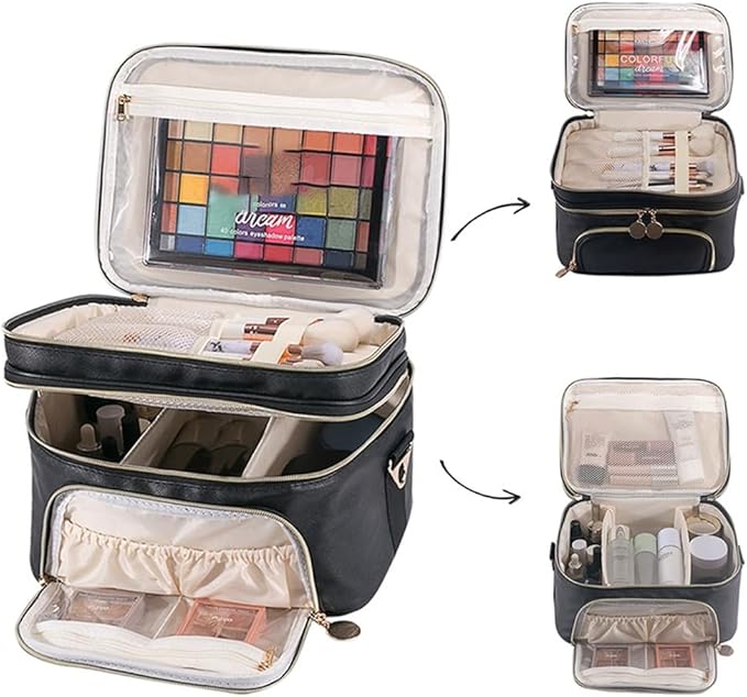 Extral Large Makeup Bag for Women,Double Layer Travel Cosmetic Organizer Case,Skin Care Essentials Toiletries Bags with Shoulder Strap Waterproof Brush Storage with Removable Dividers