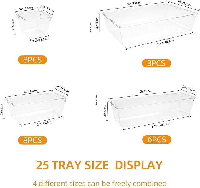 Clear Acrylic Drawer Organizers Set Storage for Makeup, Office Desk Small Vanity Trays for Drawer Bathroom Plastic Make up Organizers 25 Pcs