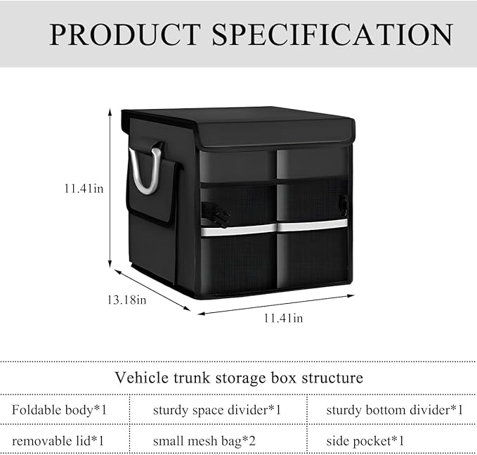 Trunk Organizer With Lid, Collapsible Waterproof Oxford Car Organizer with Aluminum Handle Base Plate, 2-Compartment 28L Sturdy Trunk Cargo Storage Organizer for RV SUV Truck (Black)