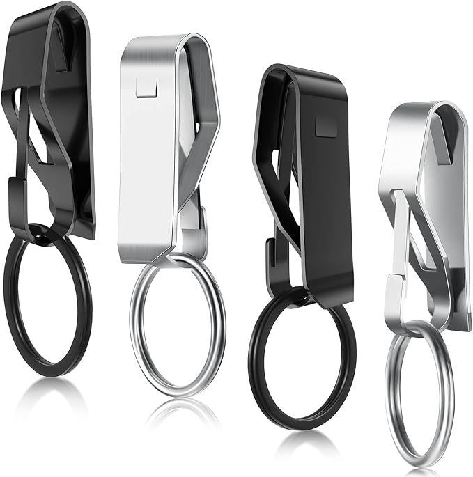 Moxweyeni 4 Pieces Belt Key Clip Key Holder Security Metal Keychain Clip Ring for Men Home Office Supplies(Black, Silver)