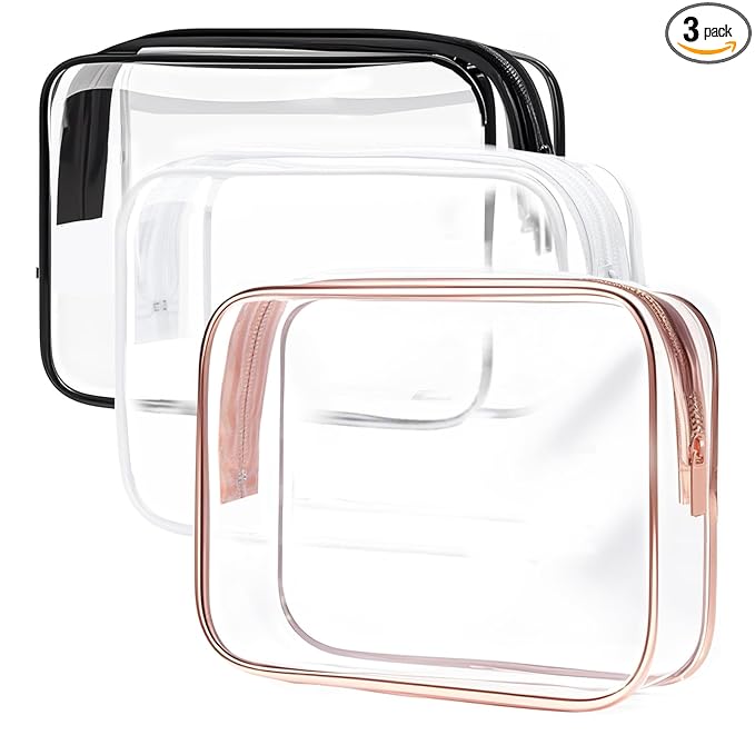 TRODANCE Clear Toiletry Bag, 3 Packs TSA Approved Water resistant Travel Organizer, Airport Airline Travel Essential Carry On Makeup Cosmetic Bags for Women, 3Color - 3 packs