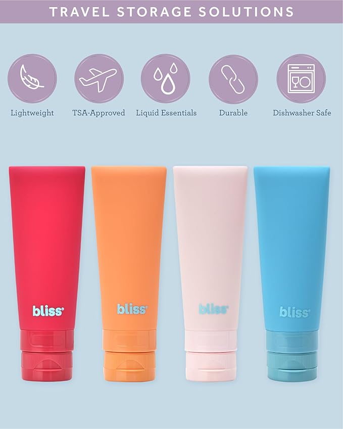 Bliss Travel Bottles Set - 4/7/10 Piece TSA Approved Leak-Free Refillable Travel Size Toiletries Containers for Skincare, Lotion, Shampoo, and Conditioner, 4pc Silicon Amalfi Vibes