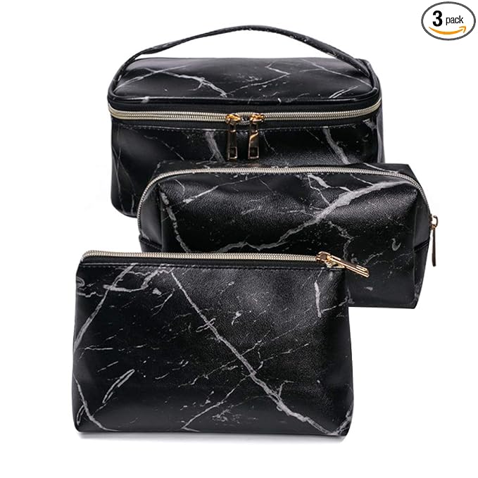FITINI 3 Pack Marble Makeup Bag Travel Toiletry Bag Portable Cosmetic Pouch Organizer with Small Brush Holders Gold Zipper Waterproof Storage Case for Women and Girls,Black