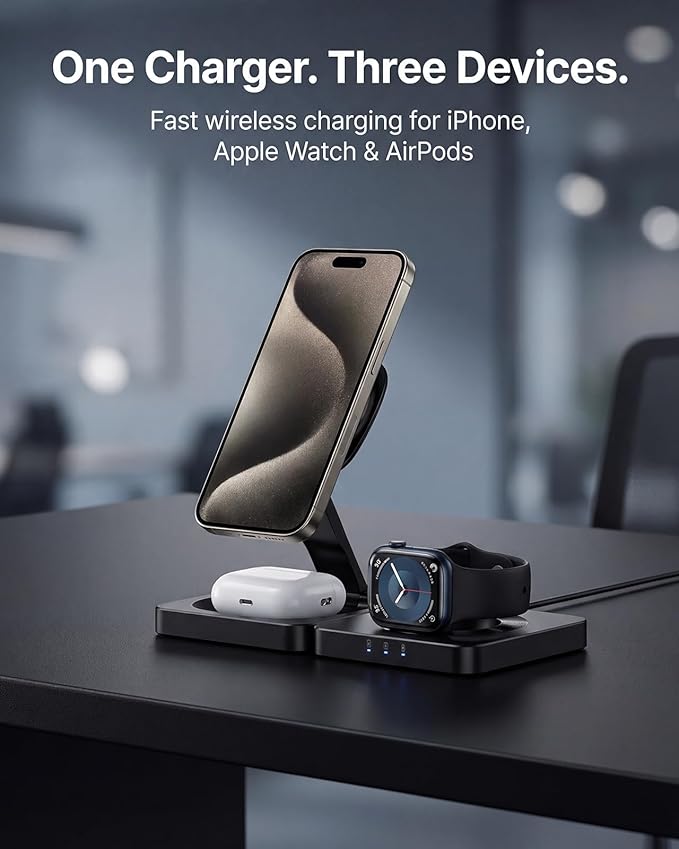 Traveling Magnetic Wireless Charging Station - ADADPU 3 in 1 Foldable Charger Stand for Apple Devices, Travel Charging Pad for iPhone 17 16 15 14 13 12 Pro Max Plus, for Apple Watch AirPods, Black