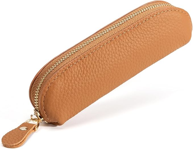 Full Grain Leather Coin Pouch - Travel Small Coin Purse with Zipper - Mini Key Pouch Change Purse for Women and Men (Brown, Large Size)