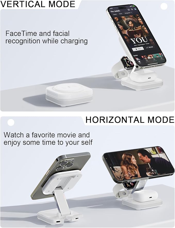 5-in-1 Magnetic Wireless Charging Stand for Apple MagSafe Charger with Night Light for iPhone 17/16/15/14/13/12, Watch, AirPods, Travel Magnetic Charger Nightstand Charging Station (Adapter Included)