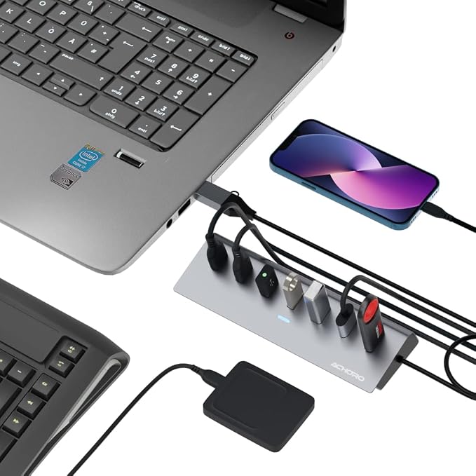 ACHORO USB Hub 3.0, 7-Port Expander with USB C Adapter, Aluminum Alloy for MacBook Pro, iMac, PC and Desktop