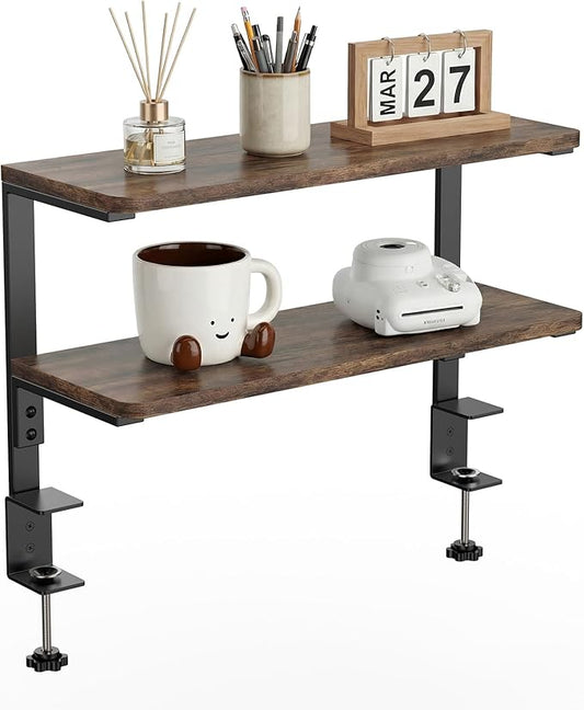 2-Tier Desk Extender, 22-inch Clamp-On Desk Shelf, Height-Adjustable Desktop Shelf Organizer for Monitors Office and Gaming Accessories, Arm Support Table Extension, Dark Brown