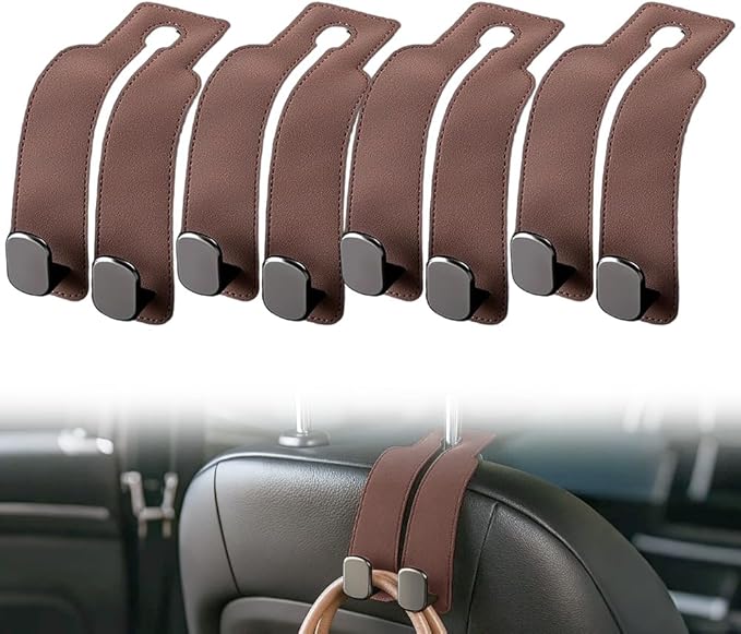 Fauppt Headrest Hooks for Car Car Seat Hooks for Headrest,2026 Hooks for Purses and Bags Cute Car Purse Holder,Twinhook Leather Car Headrest Hangers Seat Back Organizers for Travel (Brown*4)