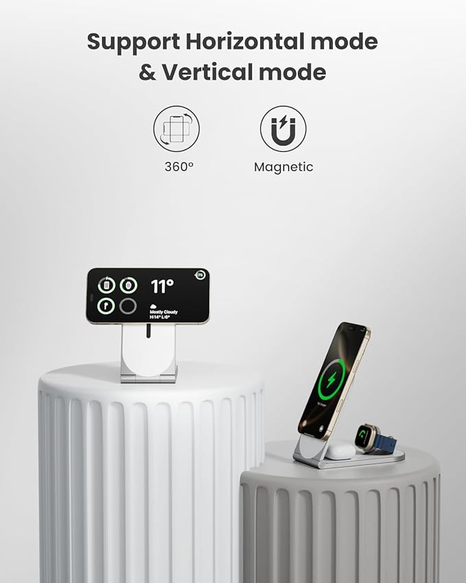 Wireless Charging Station, 3 in 1 Phone Charger Stand, Foldable MagSafe Charger for 17/16/15/14/13/12 Pros Plus, Watch Ultra, Airpods, Magnetic Travel Charging Station with 20w Adapter (White)