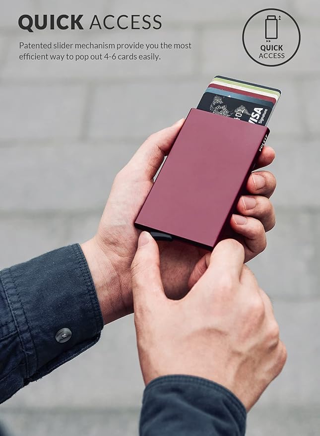 VULKIT Pop Up Wallet, Slim Minimalist Credit Card Holder For Men and Women RFID Blocking Mini Metal Case Wine