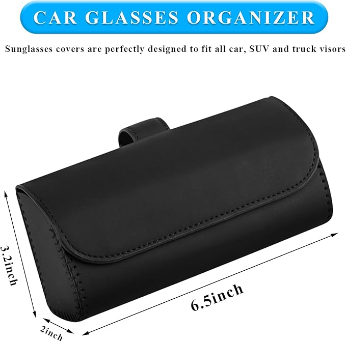 Sunglasses Holder for Car Sun Visor, Leather Auto Eyeglasses Organizer Box with Hidden Magnetic Closure, Vehicle Glasses Case Clip Holder, Car Accessories for Women Men (Black)