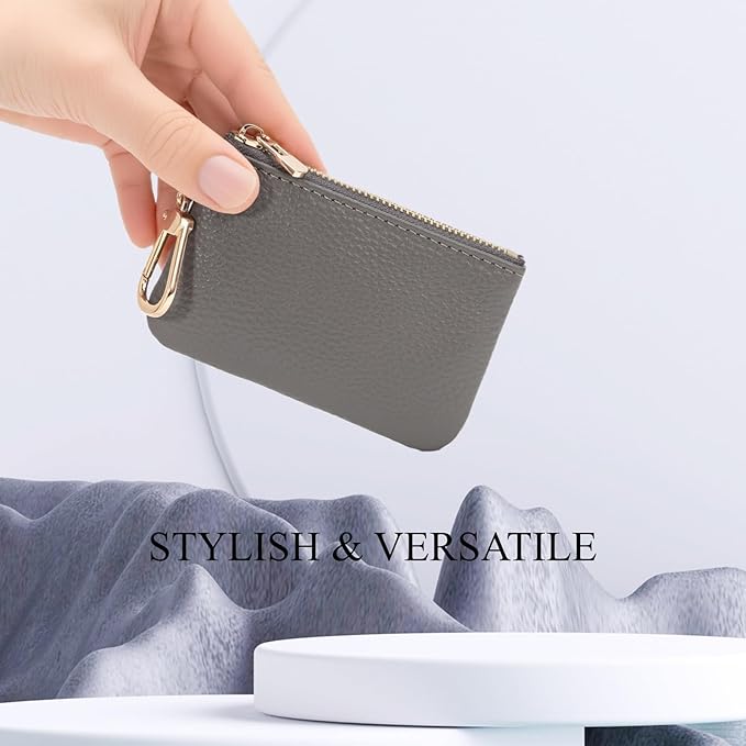 Full Grain Leather Coin Purse with Key Chain - Small Change Purse Keychain Card Holder Keychain Pouch Small Keychain Wallet for Women and Men (Gray)