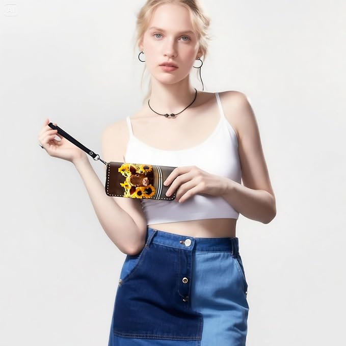 RFID-Blocking Zip Around Wallets for Women with Detachable Wrist Strap,Large Capacity Phone Holder with Card Organizer & Coin Pocket,Cow with Sunflowers