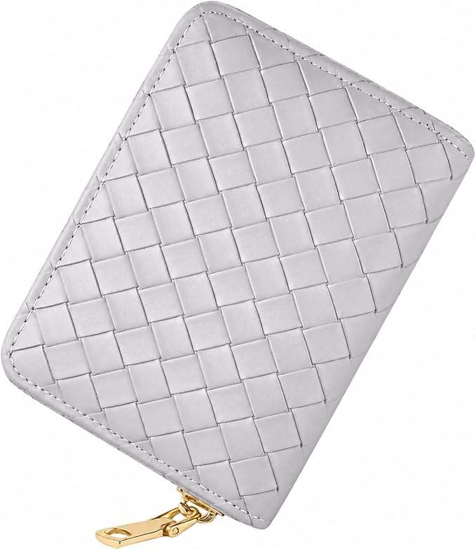 Ladies change card bag, zip storage bank card case, small portable 11 large capacity pouch, holds banknote change credit card(Braided pattern grey)