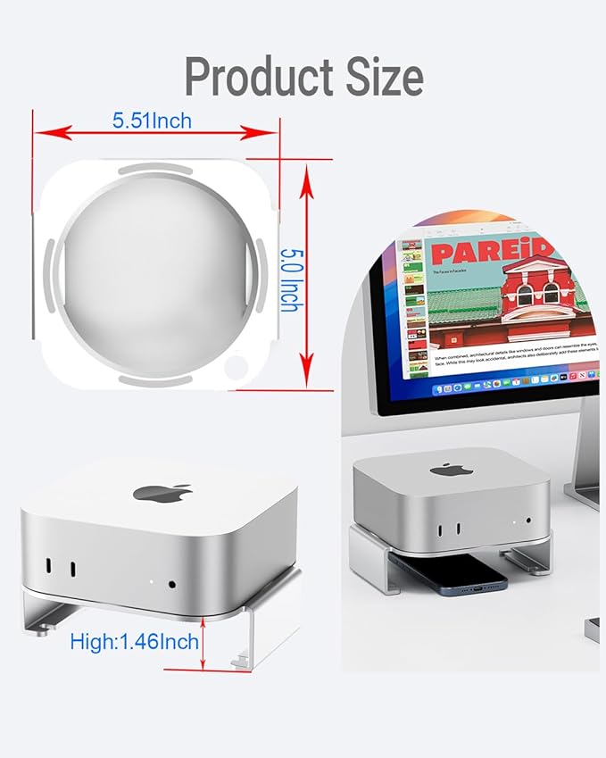 Mac mini M4 Stand - Aluminum Desktop Stand Mount, Easy Access to Power Button, Desk Organization, Enhanced Heat Dissipation Compatible with 2024 Mac mini M4 / M4 Pro
