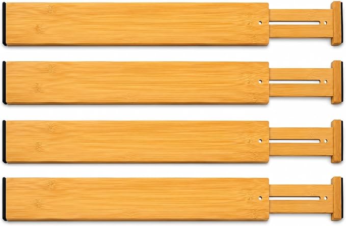 Bamboo Drawer Dividers, 16.5"-22" Adjustable Expandable Organizers, 4 Pack, Tension Mount, Slip Resistant, for Kitchen and Home