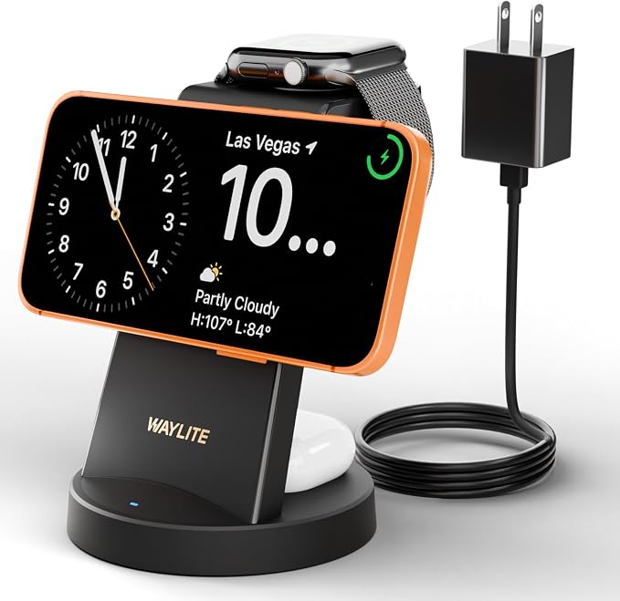 3 in 1 Fast Charging Station for iPhone, 25W Wireless Magnetic Phone Charger for iPhone 17 16e 16 15 14 13 12 Serise, Watch Charger Stand, Wireless Charging Station for AirPods 4 3 Pro, Dark Black