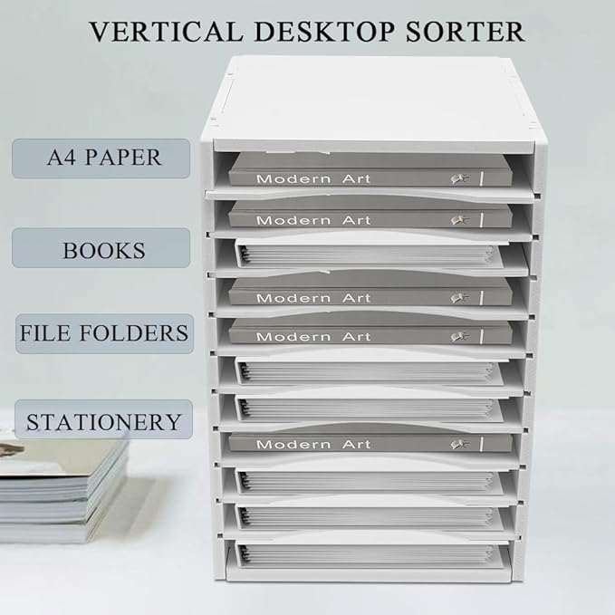 Vertical Desktop Sorter White, 11 Slots Mail Organizer Vertical File Organizer, PVC Paper Sorter Organizer with 11 Slots Adjustable, Construction Paper Storage Mailbox for Classroom Office (White)
