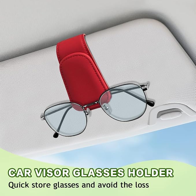 Sunglass Holder for Car, Sunglasses Clip for Car Visor, Magnetic Leather Vehicle Eyeglass Hanger Clip, Auto Ticket Card Glasses Organizer Clamp Accessories for SUV Sedan (Red)
