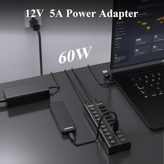 FIDECO 60W Powered USB Hub for Laptop and PC, 10-Port 10Gbps USB Splitter with 12V 5A Power Adapter, Aluminum USB 3.2 Gen 2 Multiport Adapter, 6 USB-A and 4 USB-C Ports, Support BC1.2 Charging (Black)