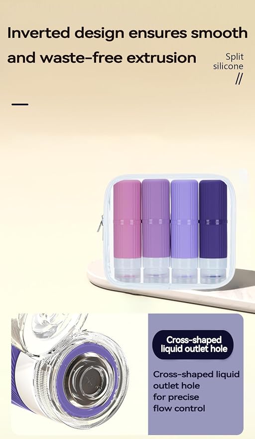 5 packs of toiletries travel bottles, TSA Approval silicone travel containers, leak proof refillable shampoo and conditioner are essential for travel, fitness, business trips, office use(purple)