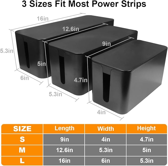 DUNCHATY Cable Management Box 3 Pack - Cord Organizer Box for Desk TV Computer - Large Medium Small Power Strip Cover & Wire Hider - Child & Pet Safe ABS Cord Box with Cable Ties - Black