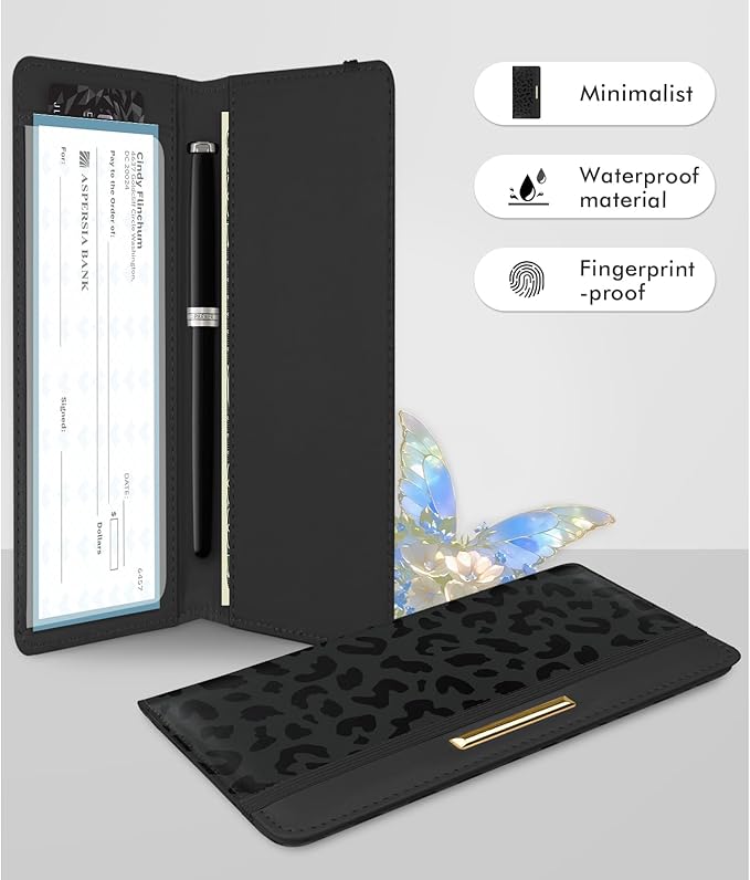Letter Checkbook Cover, RFID Blocking Checkbook, Stylish, Lightweight, Slim Durable, Multi-Functional Checkbook Holder for Personal and Business Checks (Leopard-Black)