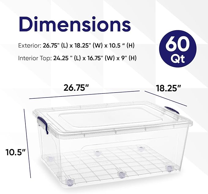 Superio Storage Containers With Wheels (3 Pack), Stackable Large Storage Containers With Lids, Durable Latches (60 Quart)