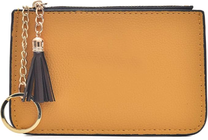 Coin Purse Change Wallet Pouch Leather Card Holder with Key Chain Tassel Zip(Yellow)