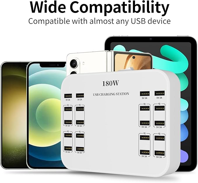 USB Charger Station 20 Ports, 180W Desktop Multi Port Charging Hub,20 Ports USB Charger for Multi Devices Compatible with iPhone/Huawei/LG/Google Pixel/Tablet/Other Devices