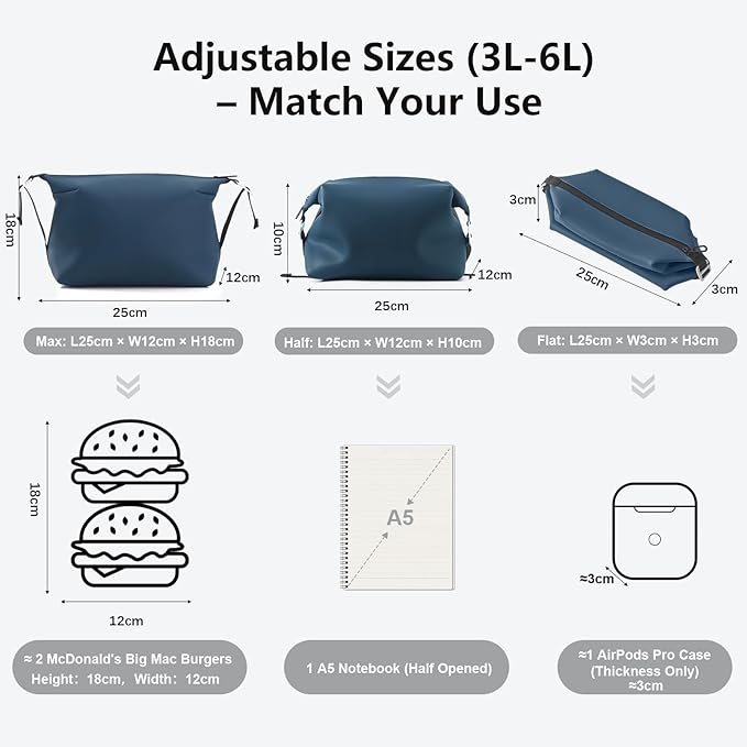 Vomgomfom 6L 13 Inch Silicone Toiletry Bag, Waterproof Leakproof Travel Cosmetic Organizer, Adjustable G-Buckle Compression Dopp Kit, Foldable Makeup Bag for Women & Men (Navy, 13" 6L)