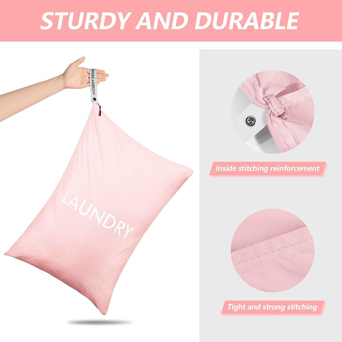 MissBoy 50L Travel Laundry Bag with Zipper, Heavy Duty & Odor-Proof Washable Nylon Sack for Dirty Clothes, Space-Saving Luggage Organizer & Dorm Room Essential for College Girls, Pink